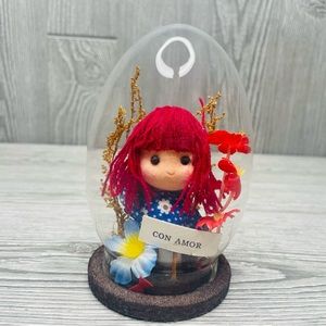 Little cute vintage doll in a egg shaped dome glass decoration unique